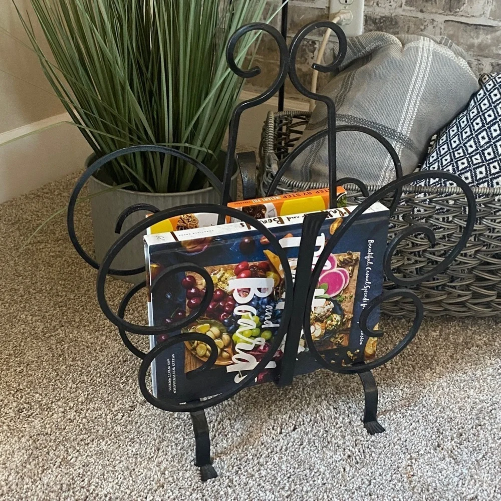 Elegant Black Vintage Wrought Iron Magazine Stand. Butterfly Design.